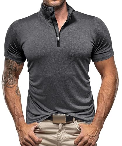 SOOUICKER Poloshirt Herren Zip Stehkragen Sport Tshirts Herren Gym Poloshirt Herren Kurzarm Slim Fit Funktionsshirt Herren mit Kragen Poloshirt Herren Reißverschluss Elegant