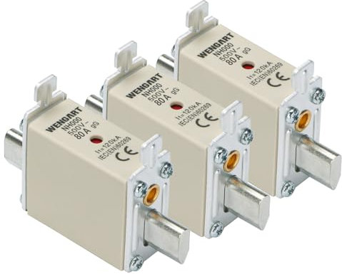 Wengart Enlace fusible tipo cuchilla NH000, clase gG AC500V 80A, 3 piezas, 120kA para protección general en sistemas de distribución de bajo voltaje y aplicaciones industriales