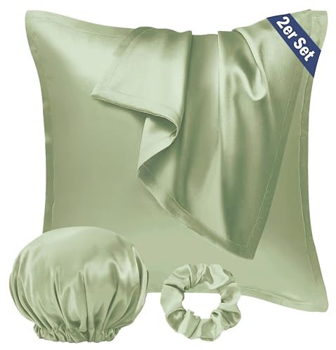 Seiwohl Satin Kissenbezug 80x80 2er Set, Weich wie Seidenkissenbezug Silk Pillowcase, Vegane Seide Kopfkissenbezug Kissenhülle Haarschutz für die Nacht mit Haargummi und Haarhaube, Salbeigrün