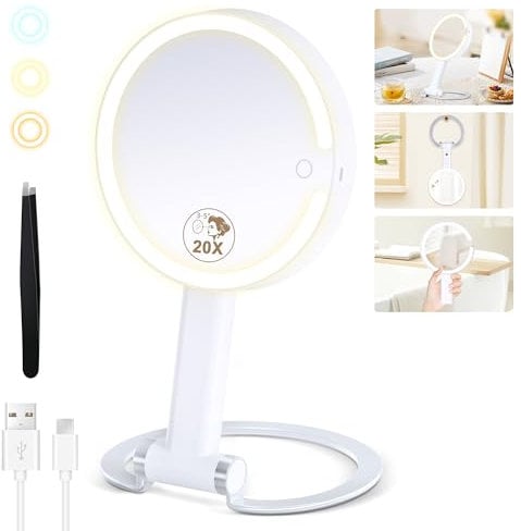 MOMOKUBA Magnifying Mirror with Light 20X/1X, Lighted Makeup Mirror with Magnification, Make Up Mirrors Stand Up Double Sided, Rechargeable 3 Color Dimmable, for Travel, Home