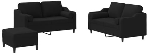 vidaXL Sofagarnitur 3-TLG., Sessel Couch mit Kissen Fußhocker, Sofa Wohnzimmersofa mit Armlehnen, Couchgarnitur Designsofa Sitzmöbel Polstermöbel, Schwarz Stoff