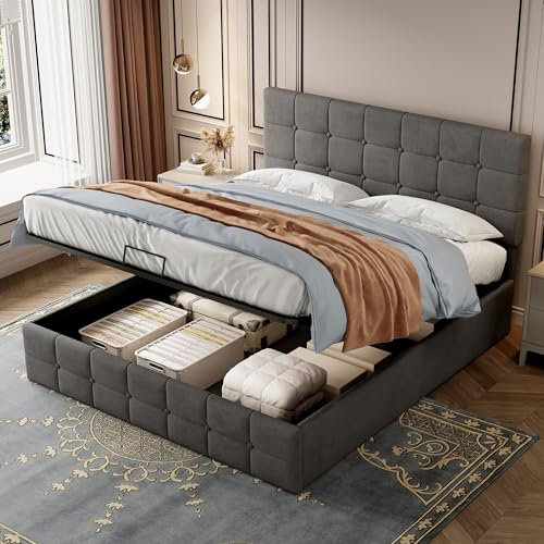 Upholstered Ottoman Storage Bed Frame, 4ft6 Double Bed Frame 135x190cm, Velvet Hydraulic Gas Lift Bed with Adjustable Button Tufted Headboard, Wooden Slats Stylish And Space Saving Bed Frame, Grey