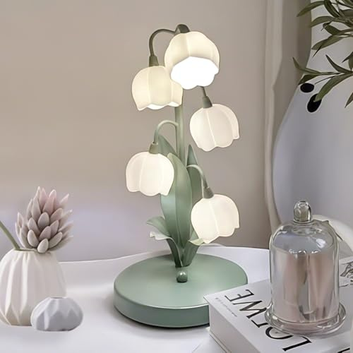 Grüne Blumenlampe für Zuhause, Nachttischlampen, Vintage-Tischlampen, 5 Maiglöckchen-Leselichter, 3 Farbmodi, Kawaii-Nachttischlampe, Dekoration, mit G4-Glühbirne, Nachttischleuchte für Wohnzimmer,