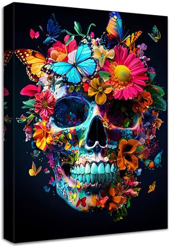 Chrysantheme Blumen und Totenkopf Leinwand Bilder Mit Rahmen Bunte Schmetterlinge Blau Skelett Schwarz Wandbilder Wandkunst Bild auf Leinwand Malerei Korridor Schlafzimmer Badezimmer Wanddekor 40x60cm