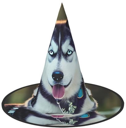 BGSHJVF Husky Hund Druck Halloween Hexenhut Cosplay Caps Halloween Dekoration Kostüm Zubehör für Halloween Party