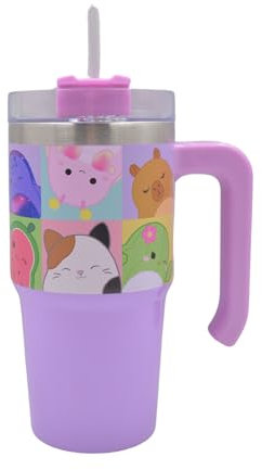 Squishmallows 20oz / 600 ML Tumbler with Straw & Lid | Leak & Spill Proof Travel Mug | Stainless Steel Vacuum Insulated Water Bottle with Handle Keeps Cold for 17Hrs or Hot for 5Hrs