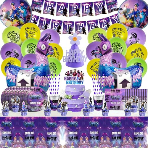 100 Pièces Decoration Anniversaire Fortnit, Fournit de Fête de Jeu Vidéo, Ballons, Vaisselle, Nappe - Pour Garçon