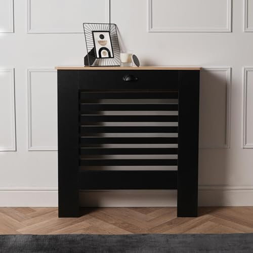OHS Black Radiator Cover Small, Oak Look Top Stylish Decorative Radiator Cover Wooden Frame MDF for Home Living Room Bedroom & Hallway