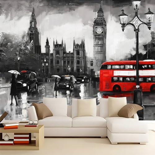 Fototapete 200 x 140 cmTapete Vliestapete 3D ModernWallpaper mit Ölgemälde einer Londoner Straßenszene Wanddekoration in Wohnzimmer, Schlafzimmer und Büro Grau