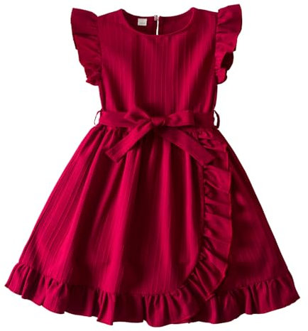 JiAmy Girls' Ruffle Sleeves Festive Summer Dress for Children - Kids Casual Party Wear with Belt for Age 2-8