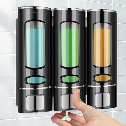 Seifenspender Wandbefestigung, 3 Kammern Shampoo- und Conditioner-Spender, bohrerloser Wand-Duschseifenspender, Einfacher Seifenspender Wandmontage für Bad, Hotel, Küche, 400ML*3, Schwarz