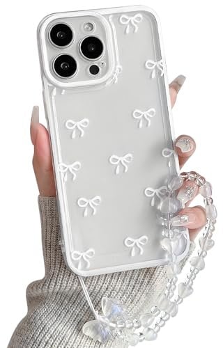 NITITOP Compatible with iPhone 14 Pro Case Cute Clear White Durable Ribbon Bowknot Pattern for Girls Women with Chain Wrist Strap Soft TPU Transparent Shockproof Protective Phone Cover - White