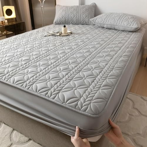 KnSam Grau Betttuch 135x200cm Deko, 3D Muster Spannbettlaken Wasserbett Einfarbig Matratzenschutz, Polyester Baumwolle Tagesdecken Unterbett als Schutz für Boxspringbett & Topper