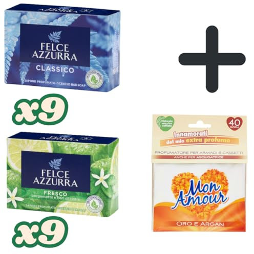 Felce Azzurra Saponette, Confezione Risparmio da 18 Pezzi (9 Classico e 9 Fresco), 100g ciascuna. Omaggio 1 Mon Amour sacchetti profumati. Sapone Solido idratante ed emoliente