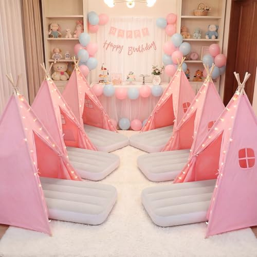 Wilwolfer 6 Pack Sleepover Tents for Kids Party, Tipi Foldable Play Tent with Inflatable Airbeds, Indoor Slumber Party Tent for Girls, Pink