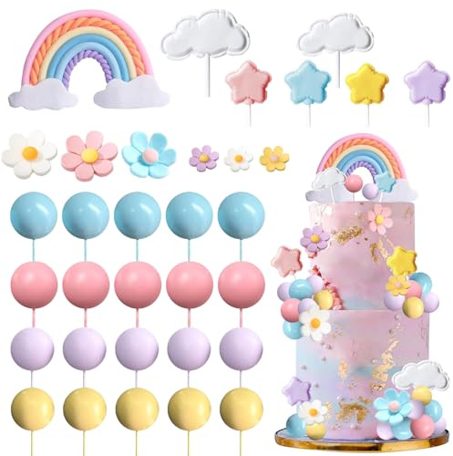 33 Stück Tortendeko, Blumen Torten Deko, Kuchendeko Regenbogen, Bunte Cake Topper Kugeln, Kuchen Deko Wolken, Kuchen Topper Geburtstag für Babyparty Hochzeit Valentinstag Geburtstag Party Dekoration