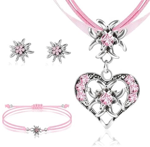 ChAusa Oktoberfest Edelweiß Herz Anhänger Accessoires, Trachten Schmuck | Bierfest Damen Trachtenkette mit Strass, für Damen Bierfest Trachten Dirndl Outfit Accessoires