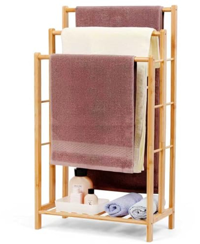 Relquorax Bambus Handtuchständer mit Ablage, Handtuchhalter Freistehend, Handtuchleiter stehend mit 3 stangen, Badezimmer, Wohnzimmer, platzsparend (96cm hoch)