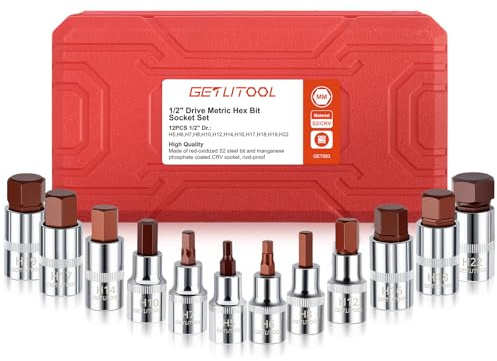 GETLITOOL 12PCS Jeu de Douilles Hexagonales 1/2'',Jeu de Douille Allen à Choc en Acier S2,H5 H6 H7 H8 H10 H12 H14 H16 H17 H18 H19 H22,CRV,avec Boîte de Rangement,pour Réparation de Voiture/DIY