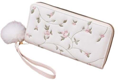 TenaLucy Mode Accessoires Geldbörse Damen, Blumenmuster Portemonnaie Damen, Reißverschluss Kkarten Portemonnaie, Stickerei Geldbeutel Mädchen für Die Aufbewahrung von Rechnungen Dokumenten (Weiß)