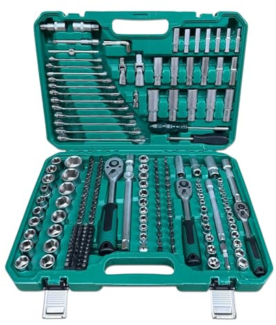Bodygenix 216PCS Socket & Ratchet Wrench Set – Heavy-Duty CR-V Steel 1/4 3/8 1/2 Drive Tool Kit for Car, Home & Garage Repairs – Durable Green Carry Case for Mechanics & DIY Projects