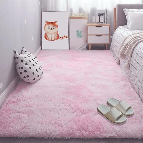 GOUBAN Hochflor Teppich 150 x 310 cm Kuscheliger Wohnzimmerteppich Langflor Plüsch Dekoration für Schlafzimmer, Küche Und Esszimmer, Hellrosa