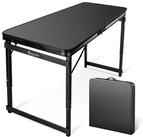 Bingyouth 4ft Folding Table 120x60cm, 3-Height Adjustable (53/62/70cm) Portable Garden Picnic Table for 4, Lightweight with Carry Handle for Outdoor BBQ & Parties, Sturdy Easy-Clean Top, Black
