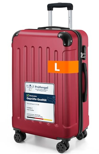 YONSLY Gepäck Suitcase Reisekoffer, Trolley Rollkoffer Handgepäck, Hartschalenreisekoffer mit 360° Lenkrollen, Zahlenschloss, Mehrstufiger Teleskopgriff (L, Rot)