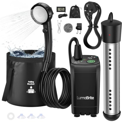Camping Shower with Heater, 6000 mAh Rechargeable Portable Shower Pump Set | Portable Shower Pump with 2000W Water Heater 20L Collapsible Bucket, 4 Spray Modes IPX7 Waterproof for Camp, Travel, Car, Pet