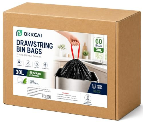OKKEAI 30L Bin Bags, Pedal Bin Liners for Kitchen, Black, 60 Counts | Unscented, Drawstring Design, Leak-Resistant, Strong Bin Bags for Medium Indoor Waste Bins