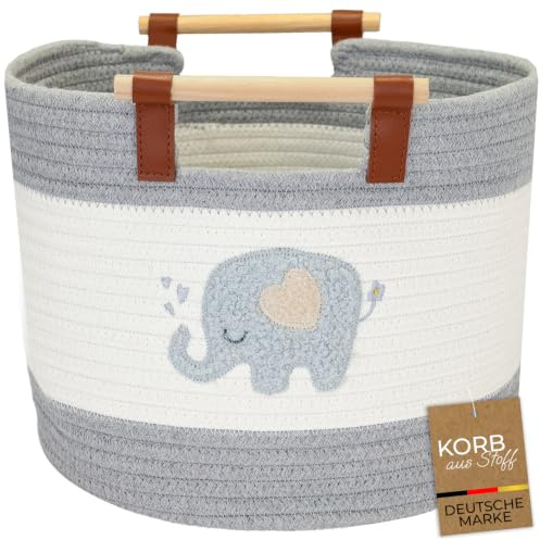 HMF Aufbewahrungskorb mit Holzgriffen, runder Korb aus Baumwolle für Kinderzimmer oder Babyzimmer | Elefant | 30 x 30 x 24 cm