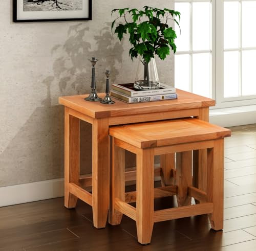Hallowood Furniture Cotswold Oak Nest of Tables Set of 2, Fully Assembled | Multifunctional Solid Oak Set 2 Wooden Nesting Side, Coffee Table for Living Room, Bedroom or Small Spaces, Fully Assembled