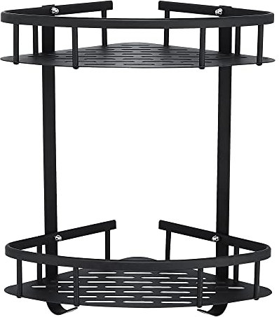 GERUIKE Duschkorb Ohne Bohren Ecke - Duschregal Ohne Bohren Schwarz Matt - Duschablage Ecke Badezimmer Organizer, Duschkörbe mit Stark Selbstklebend, Aluminium Eckregal Bad 2-Tier