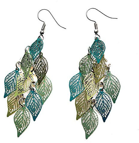 Zuiaidess Damen Ohrringe,Mode Chic Schmuck Blätter Lange Ohrringe Ohr Draht Haken Für Frauen Multilayer Hohlen Grüne Ohrringe 7.9Cm X2.6Cm, 1 Paar