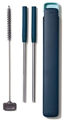 OXO Good Grips Stainless Steel 4 Piece Reusable Straw Set with Case - Green