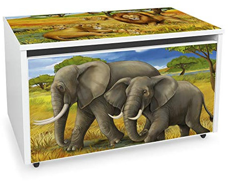 Leomark große Holzspielzeugkiste auf Rädern, Sitzbank mit Stauraum, Spielzeugkiste mit Deckel, XXL Kinderbank - Truhenbank für Kinder, weiße Aufbewahrungsbox 91L, Höhe: 46 cm (Safari)