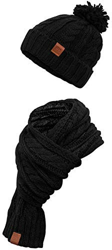 Manufaktur13 Knit Winter Set - Schal & Mütze, 2-teiliges Kombiset aus Strickschal und Beanie, Bommelmütze, Echt-Leder Veredelung (4 Black)