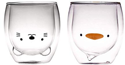 HwaGui - Cute Double Wall Glass Cup Set Of 2, Kawaii Cat Cup, Duck Cup, Milk Cup, Coffee Cup, Tea Cup for Birthday Present, 250ml/8.4oz