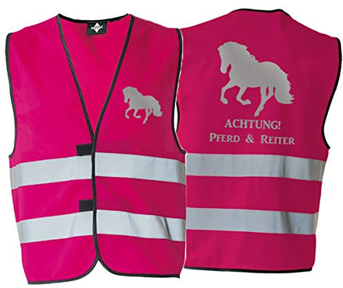 Generisch Warnweste Sicherheitsweste ACHTUNG! Reiter & Pferd mit reflektierendem Aufdruck 8 Farben 5 Größen (M, Pink)