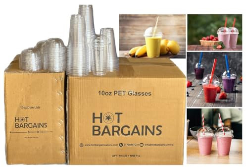 HOT BARGAINS 100 X 10oz Smoothie Cups and Dome Lids 10/12/16oz Clear for Party Milkshake Juice Sweets UK Reusable Plastic (10oz / 290ml, 12oz / 360ml, 16oz / 500ml) (10oz)