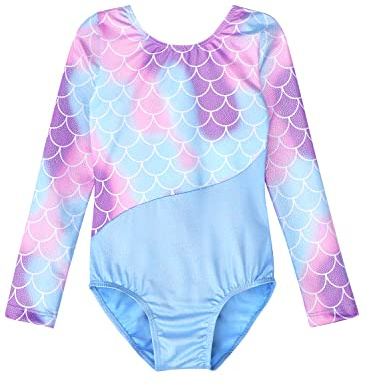 XiaoMoSha Gymnastics Leotards for Girls Long Sleeve/Sleeveless Dance Leotard Sparkle Ballet Dancewear for Kids (7-8 Years, Mermaid Purple)