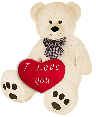 Monzana® Teddybär mit Herzkissen XL 100cm Beige Weich Dichtes Fell Schleife Tatzen Ich Liebe Dich Geschenk Valentinstag Plüschbär Kuscheltier Bär