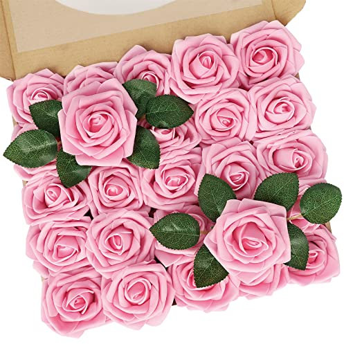 N&T NIETING Künstliche Blumen Rose, 25 Stück Deko Blumen Fake Rosen mit Stielen für DIY-Hochzeitssträuße, Brautparty-Mittelstücke, Blumenarrangements, Partytische, Heimdekorationen, Rosa