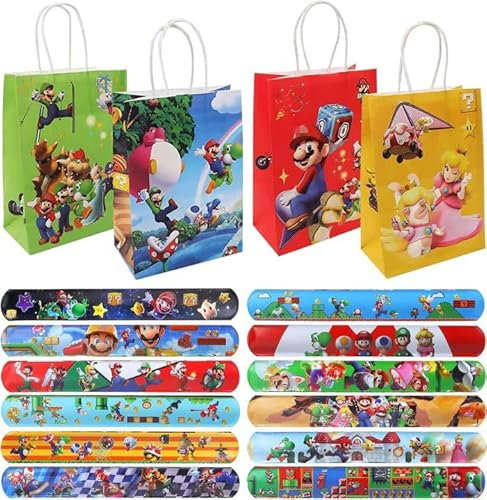 GUBOOM Super Mario Party Mitgebsel, Super Mario Gastgeschenke Set, Super Mario Geburtstag Deko 24Pcs, 12Pcs Mario Slap Armbänder + 12Pcs Super Mario Geburtstagstüten