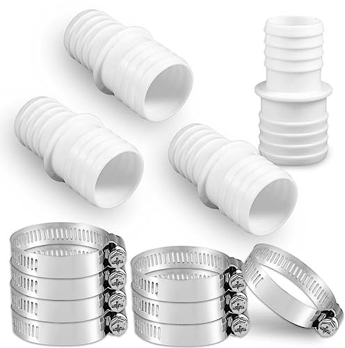 SAVITA 4pcs Pool Hose Adapter 1.5 to 1.25 with 8pcs Adjustable Stainless Steel Clamps, Double-Ended Swimming Pool Hose Adapter for 1.5 to 1.25 Connector (White)