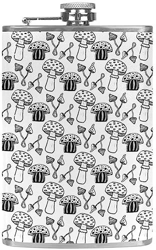 Flachmann mit Trichter, personalisierte Flaschen,Doodle Schwarz-Weiß-Pilz,Tragbarer kleiner Krug aus Edelstahl für Spirituosen