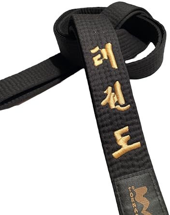 TEKKA BUDO Schwarzer Gürtel Bestickt - Taekwondo - 260 cm - Schriftzeichen Bestickung Gold - Schwarzgurt koreanisch - Taekwondogürtel