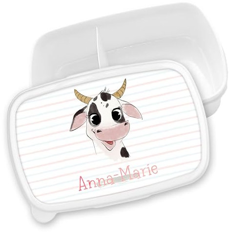 timalo® Brotdose Kinder personalisiert mit Namen | Bento Lunchbox Unterteilung mit Fächern | Jungen Mädchen Kindergarten Schule Motiv Tiere Geschenk | 46- Kuh