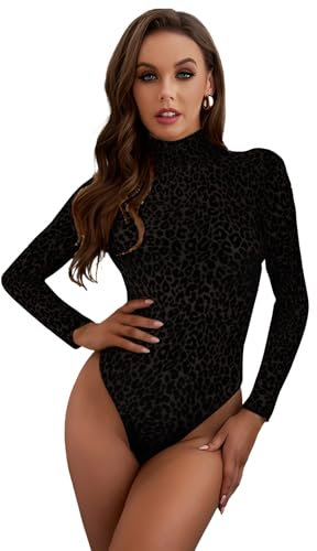 RoomTour Body à Manches Longues pour Femme Col demi Elégant Slim Bodysuit Shapewear Leopard print jumpsuit Noir M