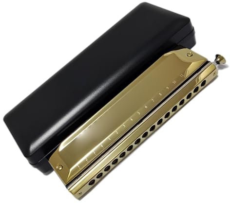 Chromatische Mundharmonika 16 Löcher 64 Töne Mundharmonika Tonart C Professionelle Harfe Musikinstrumente Silber Gold mundharmonika anfänger (Color : Golden)